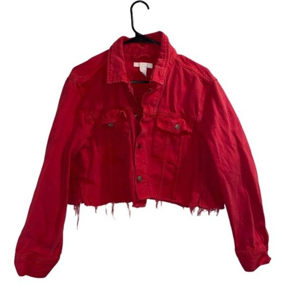 H&M Jackets & Blazers - H&M Red Distressed Crop Denim Jean Jacket Size L